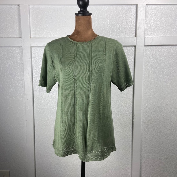 Vintage Alfred Dunner Sage Green Knit Top with Scalloped Edges — Made in USA S - Picture 1 of 8